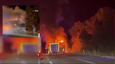 TEM Otoyolu’nun Bolu geçişinde seyir hâlindeki yolcu otobüsünde çıkan yangın,